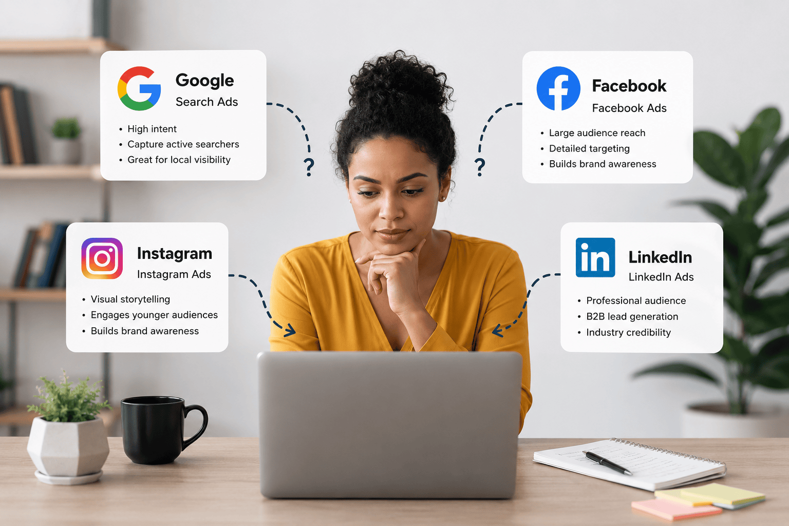 Customer choosing between marketing channels such as Google, Facebook, Instagram, and LinkedIn.