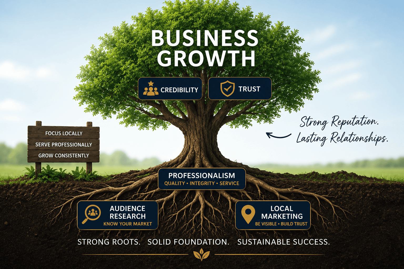 Tree graphic showing roots of audience research, local marketing, professionalism leading to business growth and credibility.