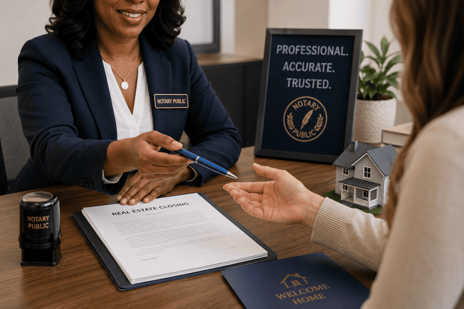 Illustration of a notary handing a blue pen to a signer during a real estate closing