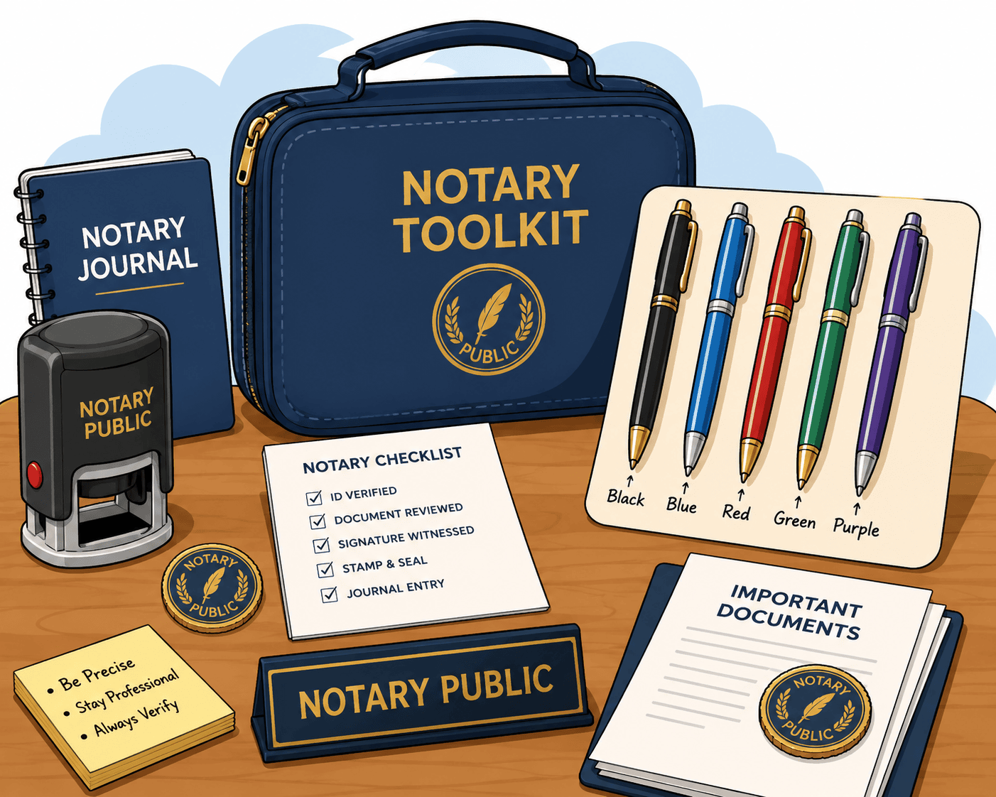 Cartoon-style notary toolkit with pens of different ink colors