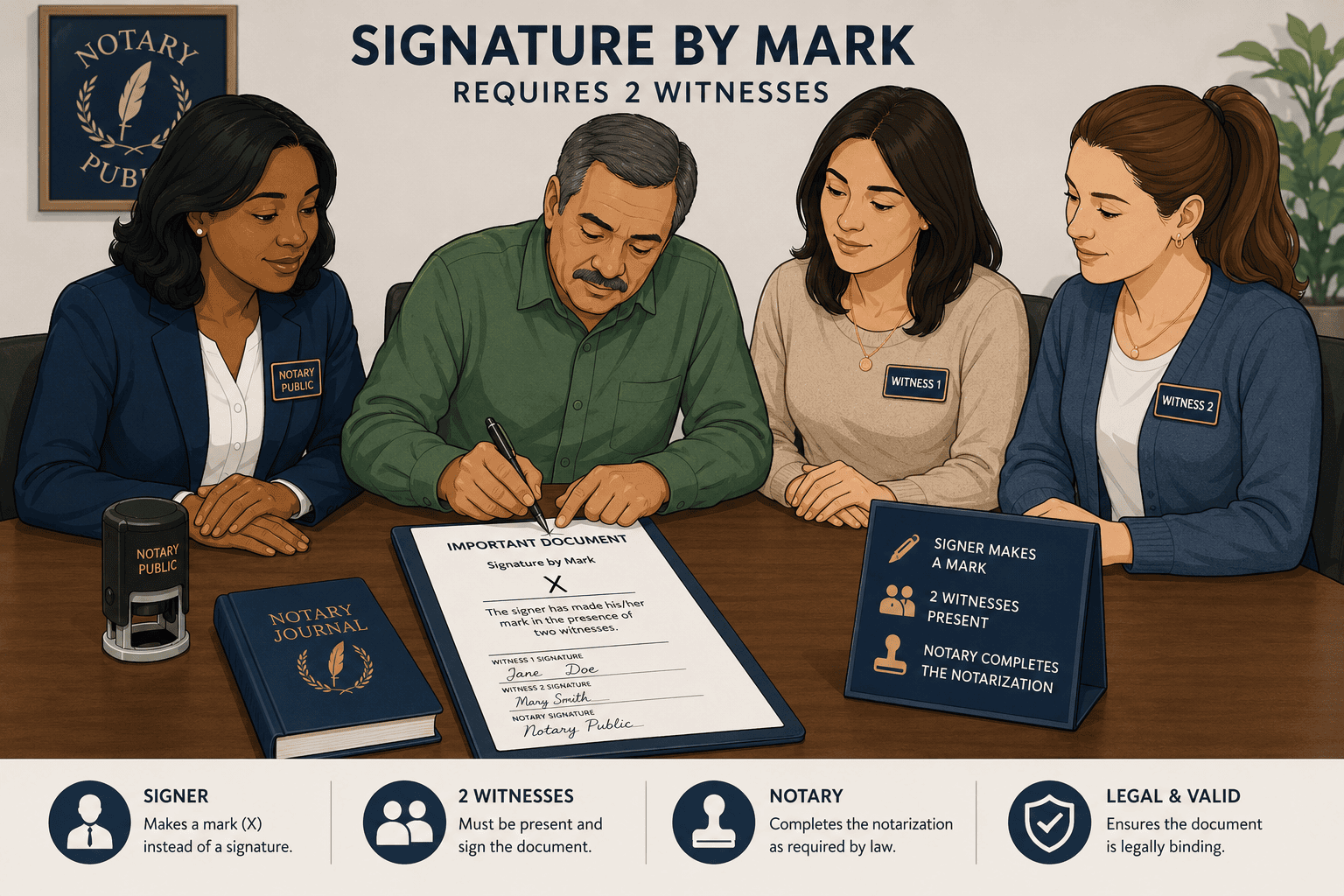 Illustration of a signer making a signature by mark with witness present