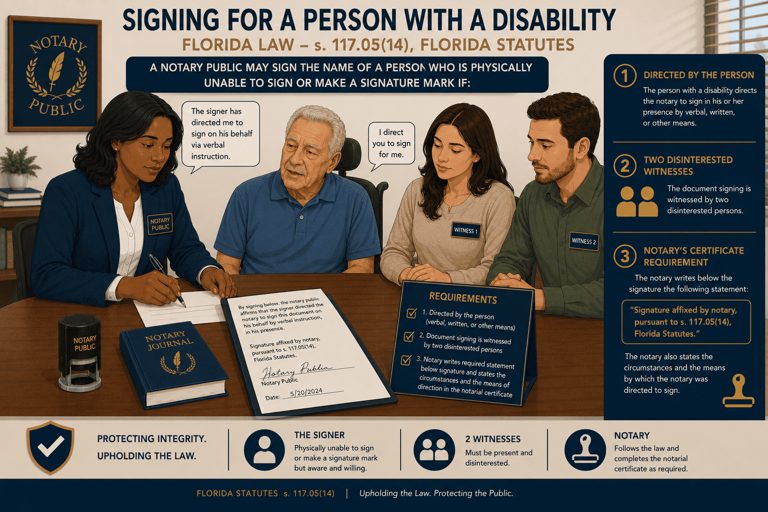 Notary supervising signature by proxy in Florida with witnesses