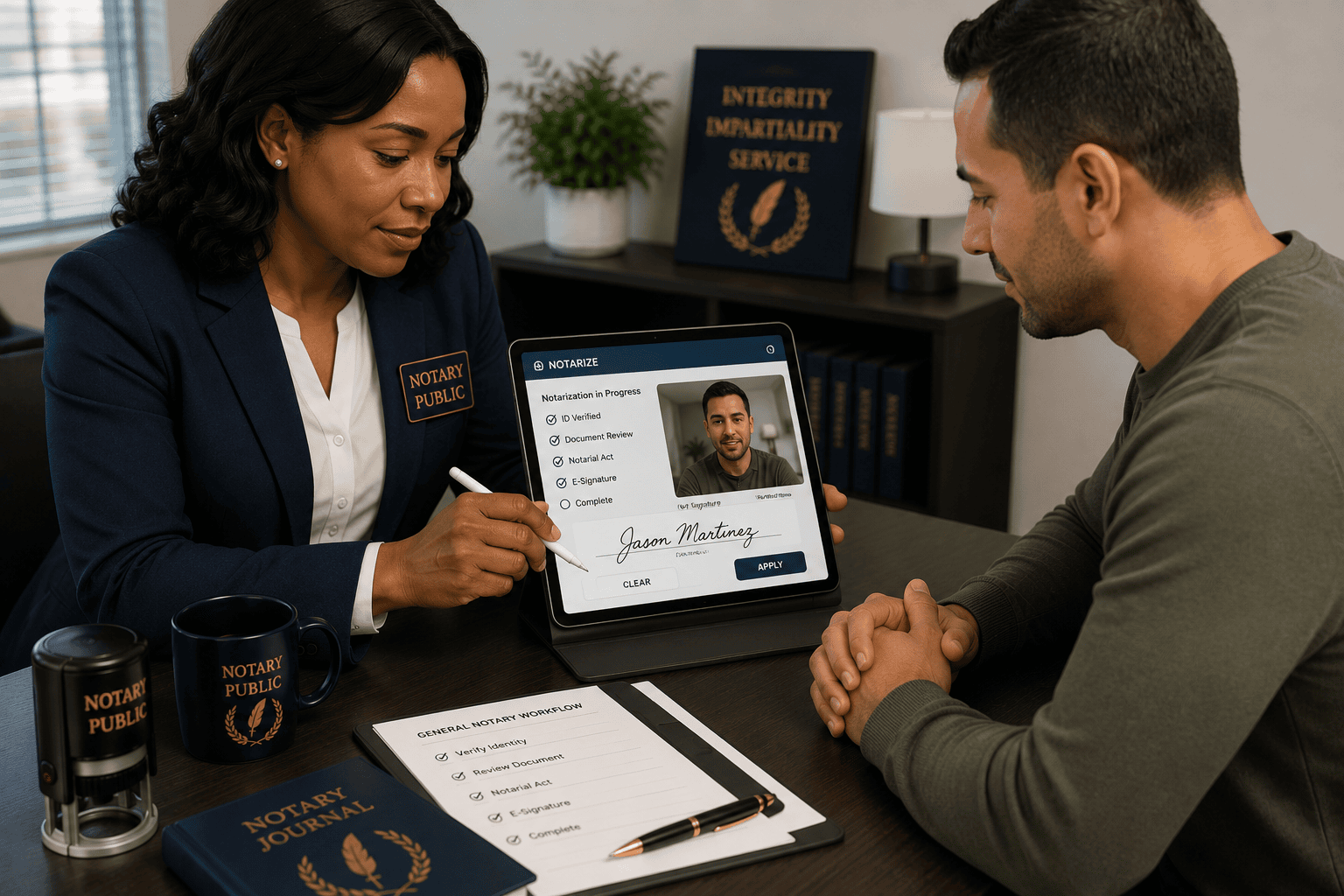 A notary doing an ipen (in person electronic notary) session using an ipad with a client.