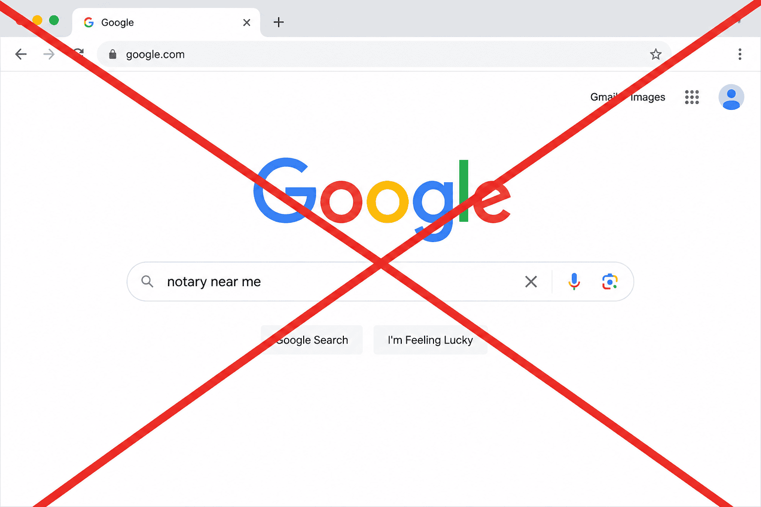 Image of a google search page with a red X covering it and notary near me in the search bar